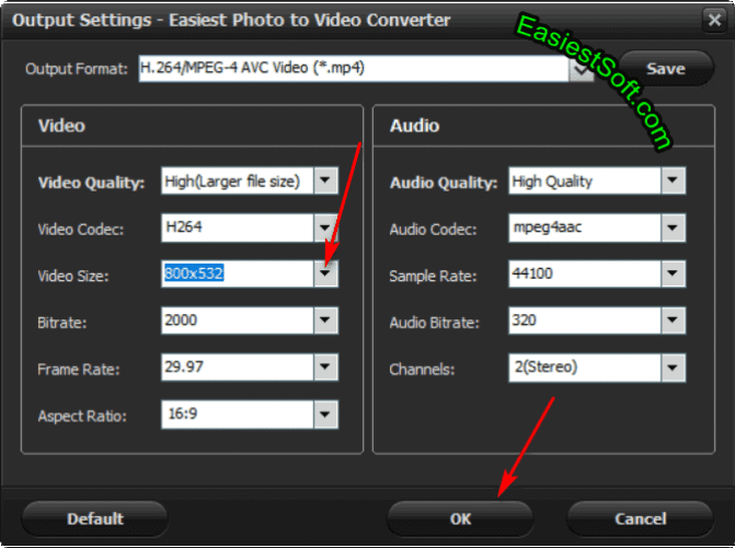 Video Output settings in Easiest Photo to Video Converter for Windows