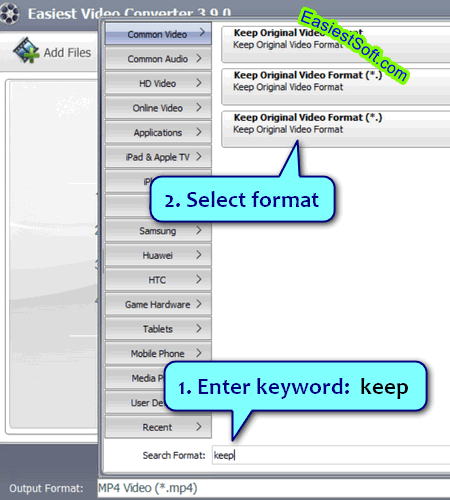 Search "Output Format" in Easiest Video Converter for Windows